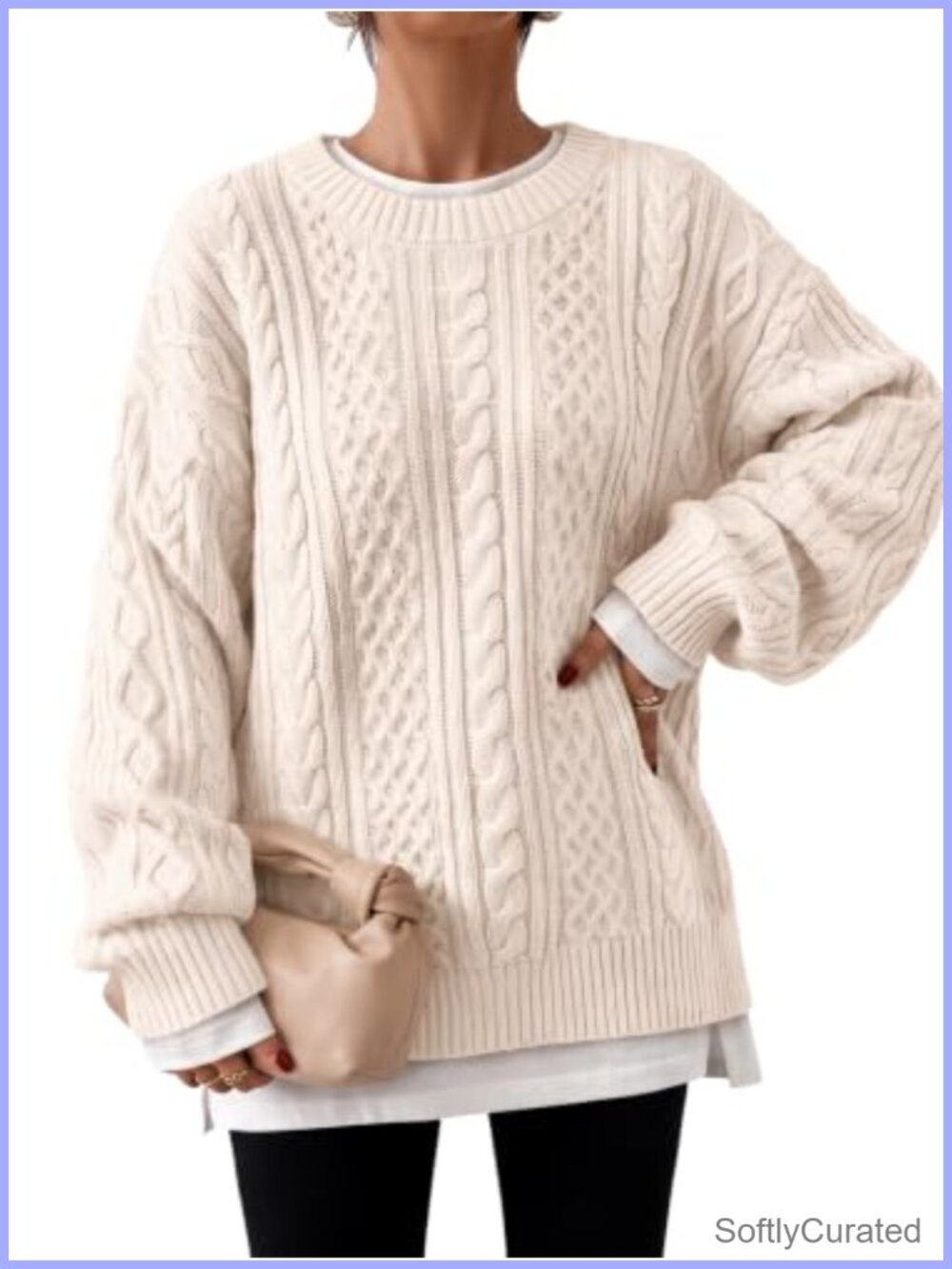 Oversized Cable Knit Chunky Pullover Sweater Cotton Blend Crew Neck